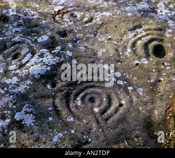 Eine bronzezeitliche Cup und Ring markiert Stein in der Nähe von Roughting Linn in Northumberland, England Stockfoto