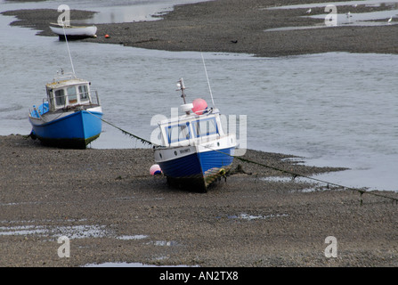 Kleine blaue und weiße Angelboote/Fischerboote vertäut und gestrandet in der Mündung des Fluss Adur Stockfoto