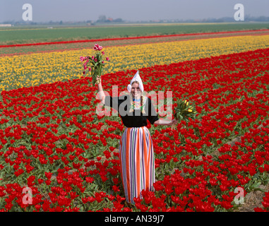 Blumenfelder / Tulpenfelder / Mädchen gekleidet in niederländischen Kostüm im Tulip Felder, Lisse, Holland (Niederlande) Stockfoto