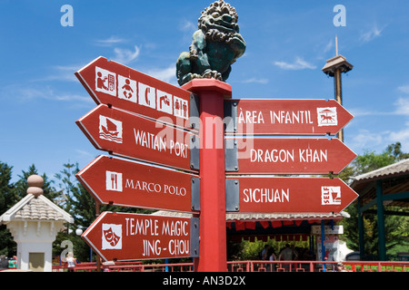 Wegweiser im China, Vergnügungspark Port Aventura, in der Nähe von Salou, Costa Dorada, Spanien Stockfoto