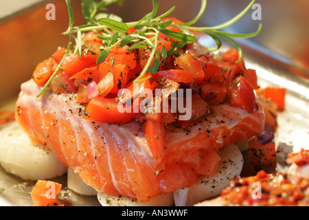 DEU, Deutschland: Filet vom Lachs, gebacken im Ofen, mit Tomaten und Kräutern auf Lauch Stockfoto