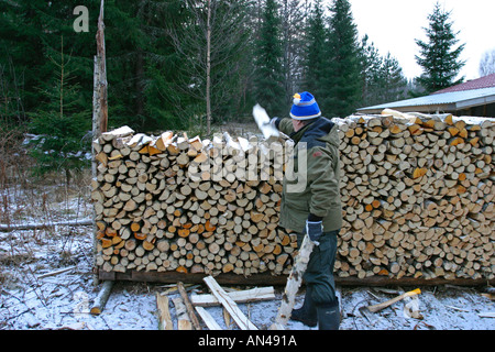 Seniorenmännchen, der Brennholzbestand aufhäuft, Finnland Stockfoto