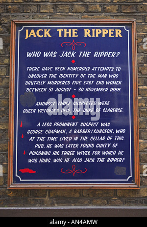 Das White Hart Pub, Gunthorpe Straße, Jack der Ripper-Plakette Stockfoto