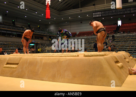 Sumo-Ringer höflich beugen sich gegenseitig in einem traditionellen Pre Kampf Ritual bei dem Frühling Sumo-Turnier Osaka Japan Asien Stockfoto