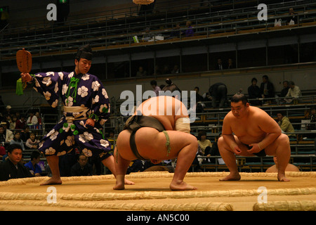 Sumo-Ringer in einer traditionellen Pose vor ihrem Kampf auf den Frühling-Sumo-Turnier in Osaka Japan Asien Stockfoto