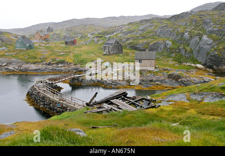 Verlassene Walfang Dorf von Kangerq in Nuuk Fjord außerhalb Grönlands Hauptstadt Stadt Nuuk, seit 4.000 Jahren bis 1970 bewohnt Stockfoto