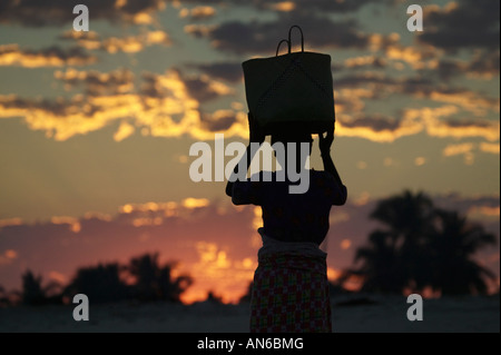 Frau mit Korb bei Sonnenaufgang, Morondava, Madagaskar Stockfoto