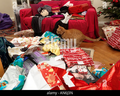 Katze Amonst Geschenkpapier Papier und präsentiert Weihnachtsmorgen Stockfoto