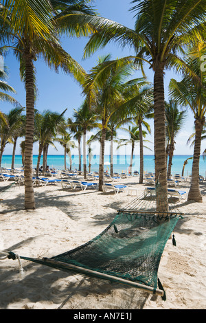 Hängematte am Strand außerhalb Riu Palace Riviera Maya Hotel Playacar, Playa del Carmen, Riviera Maya, Halbinsel Yucatan, Quintana Ro Stockfoto