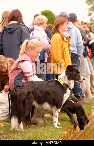 EIN JUNGES MÄDCHEN MIT IHREN HUNDEN AM TEICH BEI BADMINTON HORSE TRIALS 2006 UK Stockfoto