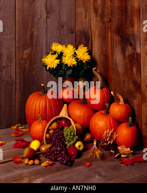Saisonales Obst und Gemüse wie Kürbis, Trauben, Äpfel, Kürbis markieren ein Herbst-Stilleben Stockfoto