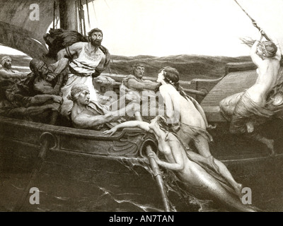 Die Sirenen versuchen, den griechischen Helden Odysseus, gebunden an den Mast seines Schiffes zu ihrer Insel zu locken. Stockfoto