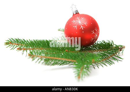 Weihnachtsbaum-Kugel auf einem grünen Tannen Ast. Weißen Hintergrund. Stockfoto