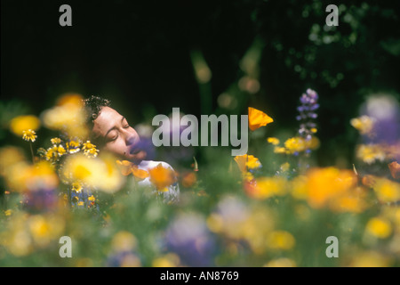 23 Jahre alt halb kaukasischen halbe afroamerikanische weiblich träumen in Wildblumen-Feld Stockfoto