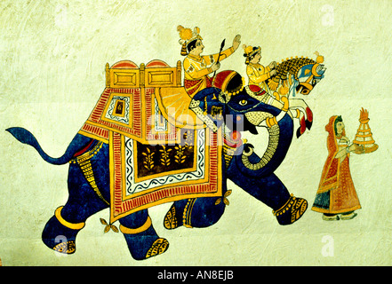 Rajasthani Wandgemälde Wandgemälde Udaipur, Indien königliche Prozession bezeichnete einen blauen Elefanten, der maharaja maharaja und einen Mahout neben einem Begleiter trug Stockfoto