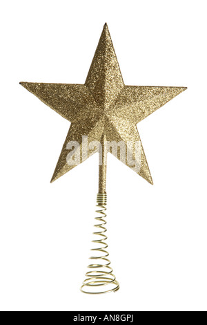 Goldstern Christmas Tree Topper Ornament Ausschneiden auf weißem Hintergrund Stockfoto