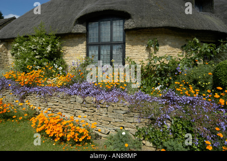 Eine englische Sommerszene von Blumen in voller Blüte im Garten von einem Reetdach-Ferienhaus Stockfoto