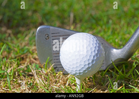 3 Eisen weiße Golfball auf hölzernen Abschlag Abschlag Stockfoto