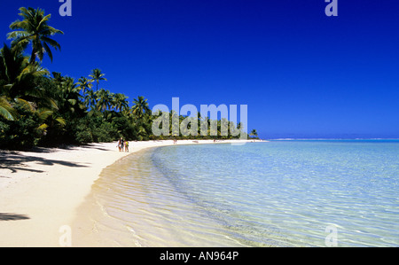 Leute, die auf einem Postkartenstrand in einem abgelegenen Aitutaki Atoll von Cook Islands Palmen gesäumten Strand spazieren. Stockfoto