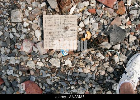 Treibholz mit Messung Markierungen auf ihnen und Schindel in Booklyn Bay, New York am East River Stockfoto