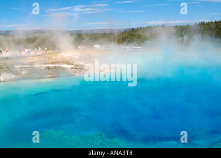 Hellblau, dampfenden Wasser des Excelsior Geyser bei Midway Becken Yellowstone National Park mit Pinien Lodgepol Stockfoto