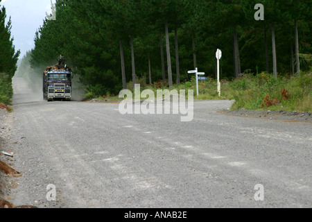 Logging Truck auf einer langen staubigen Tarawera Road Nordinsel Neuseeland Stockfoto