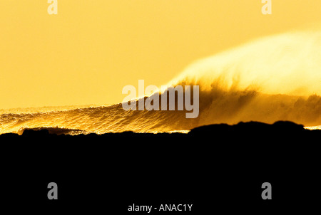 Wellen Sie brechen die Landzunge am Downend Point, Lügner, North Devon als die Sonne untergeht. Stockfoto