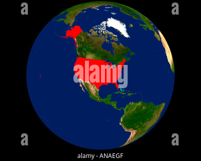 Satellitenbild von den Vereinigten Staaten von Amerika rot hervorgehoben Stockfoto