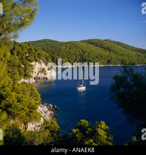 Eine einsame Yacht ankern in einer einsamen Bucht, umgeben von Pinien bedeckten Hügeln in der Nähe von Stafilos auf Skopelos die griechischen Inseln Griechenlands Stockfoto