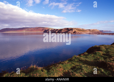 Blick vom Würmer Kopf zum Rhossili Bucht Gower Halbinsel Wales Großbritannien Europa Stockfoto