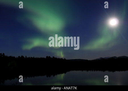 Vollmond und Polarlichter über einen See in Abisko Nationalpark, Schweden, Lappland, Norrbotten Aurora borealis Stockfoto