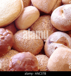 Verschiedene Arten von verschiedenen frisch gebackenen Brötchen und runde Brote essentiell für ein gesundes Frühstück Stockfoto