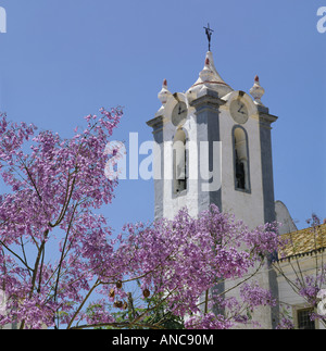 Portugal Algarve, Estoi, in der Nähe von Faro, Kirche, Glockenturm und dem Jacaranda-Baum in Blüte Stockfoto