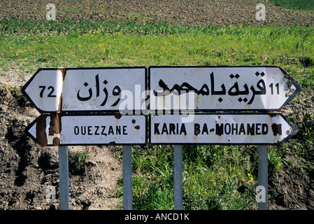 Arabisches Alphabet Zeichen auf Straße P26 von Ouezzane nach Fes, Marokko Stockfoto