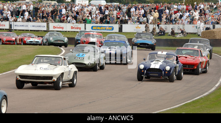 1. Ecke Goodwood Revival 2005 historische Rennwagen kämpfen auf der Strecke, Cobra, Corvette, Ferrari, E Type Stockfoto