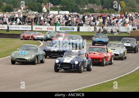 1. Ecke Goodwood Revival 2005 historische Rennwagen kämpfen auf der Strecke, Cobra, Corvette, Ferrari, E Type Stockfoto