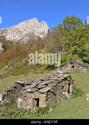 Hütte mit Steindach in Melordaña, Naturpark Redes und Biosphere Reserve Asturien Spanien Stockfoto