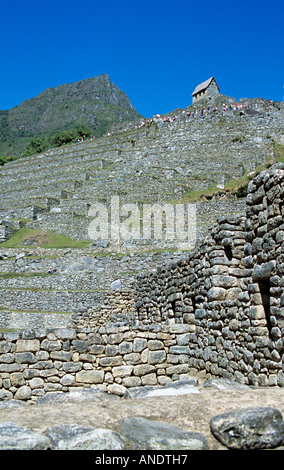 Inka-Ruinen, Touristen und Terrassen auf Machu Picchu Berg, Machu Picchu, Peru Stockfoto