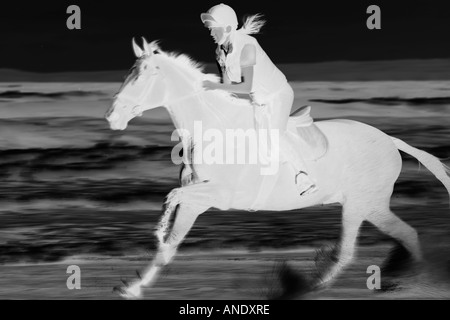 Frau reitet auf Pferd im Galopp durch die Wellen auf breiten Haven Beach Wales Großbritannien Stockfoto