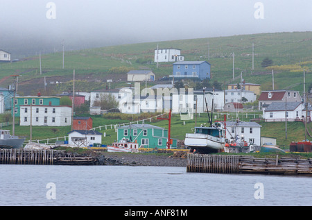 Dorf an der Küste im Nebel, Avalon Halbinsel, Neufundland, Kanada. Stockfoto