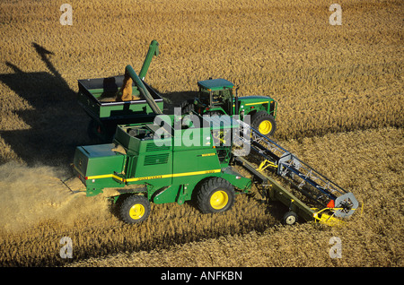 Luftaufnahmen von einem Mähdrescher, Saskatchewan, Kanada. Stockfoto
