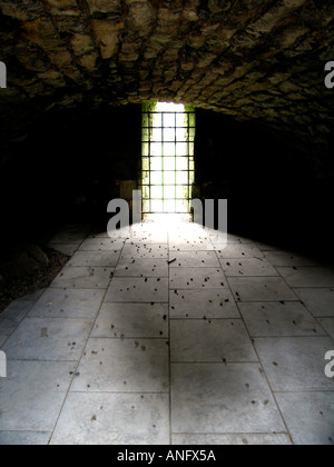 Alte Stein-Zelle im Burgverlies mit vergitterten Tor Stockfoto