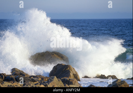 Wellen brechen sich am Küste nach Sonnenuntergang, Louisbourg, Cape Breton, Nova Scotia, Kanada. Stockfoto