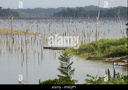 Die Brokopondo-Stausee im Inneren des Suriname von Maroon Dorfes Lebidoti gesehen. Stockfoto