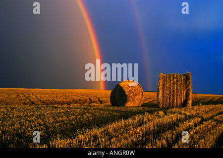 Regenbogen, und Ballen nach Prairie Sturm bei Sonnenuntergang in der Nähe von Cypress River in Manitoba, Kanada. Stockfoto