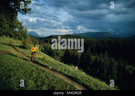 Mountainbiker reitet Tal der fünf Seen, Jasper Nationalpark, Alberta, Kanada Stockfoto