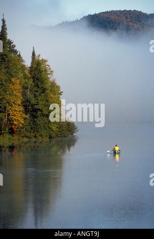 Kanufahrer paddeln durch Morgennebel Anfang September am Lake Monroe/Lac Monroe in Mont-Tremblant Provincial Park/Parc nation Stockfoto