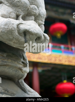 Nahaufnahme des Gesichts eines Chinesischen steinernen Löwen Statue mit Lampions im Hintergrund Stockfoto