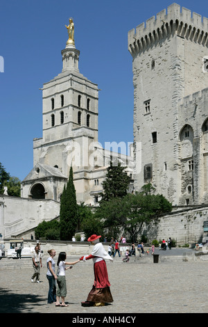 Avignon, Blick auf den Palast der Päpste und der Kathedrale von Avignon im vorderen Straßenkünstler Stockfoto