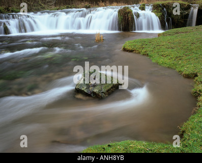 Wasserfall am Fluß Lathkill in Lathkill Dale in White Peakfläche des Peak District "Nationalpark" Bakewell Derbyshire England UK Stockfoto